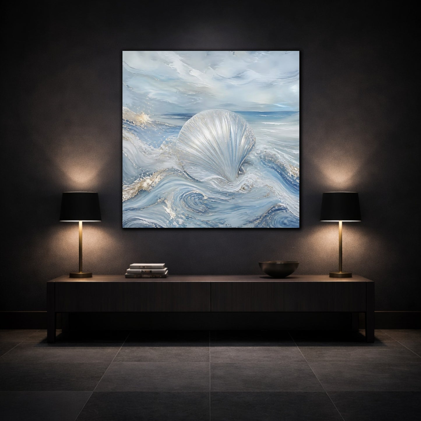 Mockup 3. Nature Seashell Blue And Silver shown as stretched canvas wall art