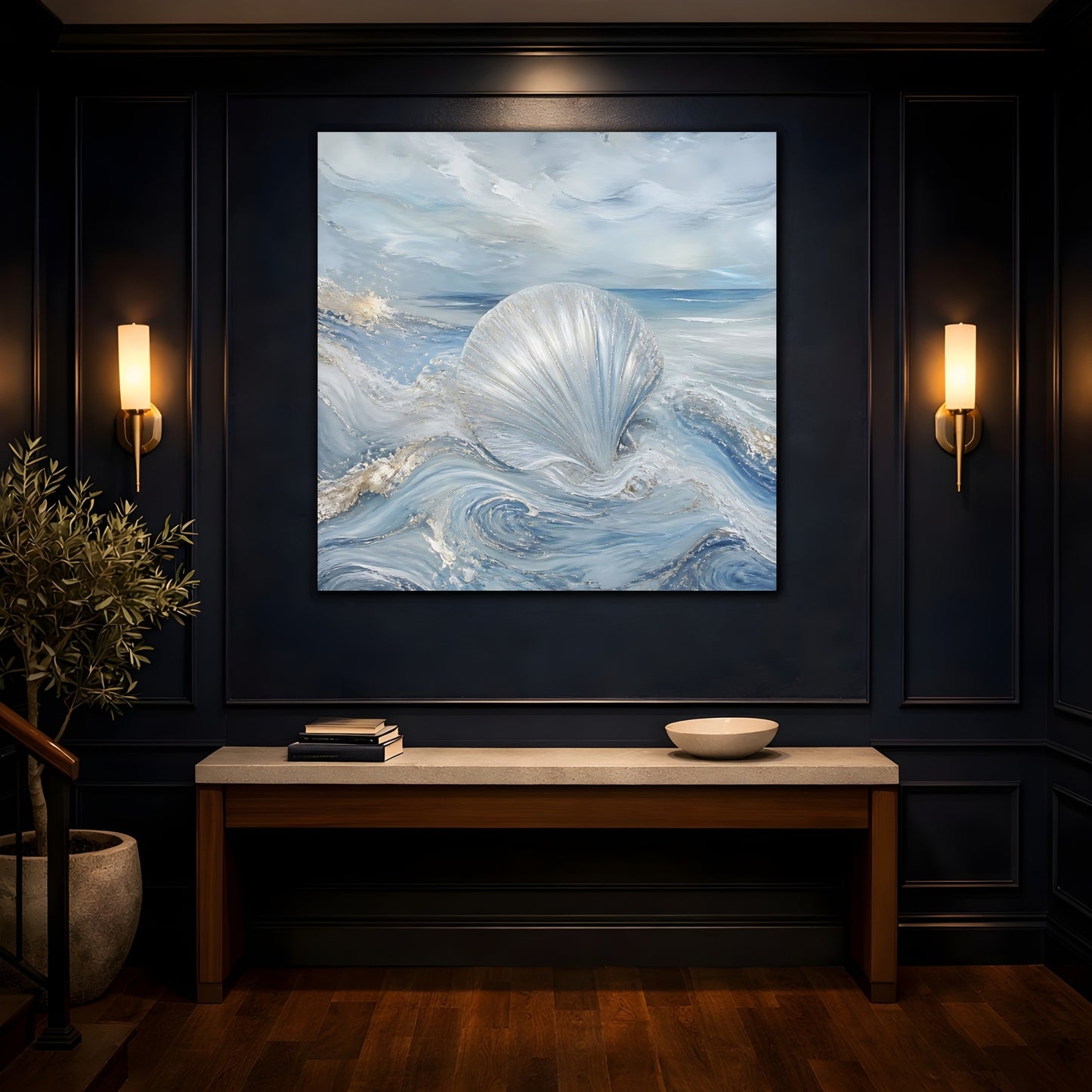Mockup 4. Nature Seashell Blue And Silver shown as stretched canvas wall art