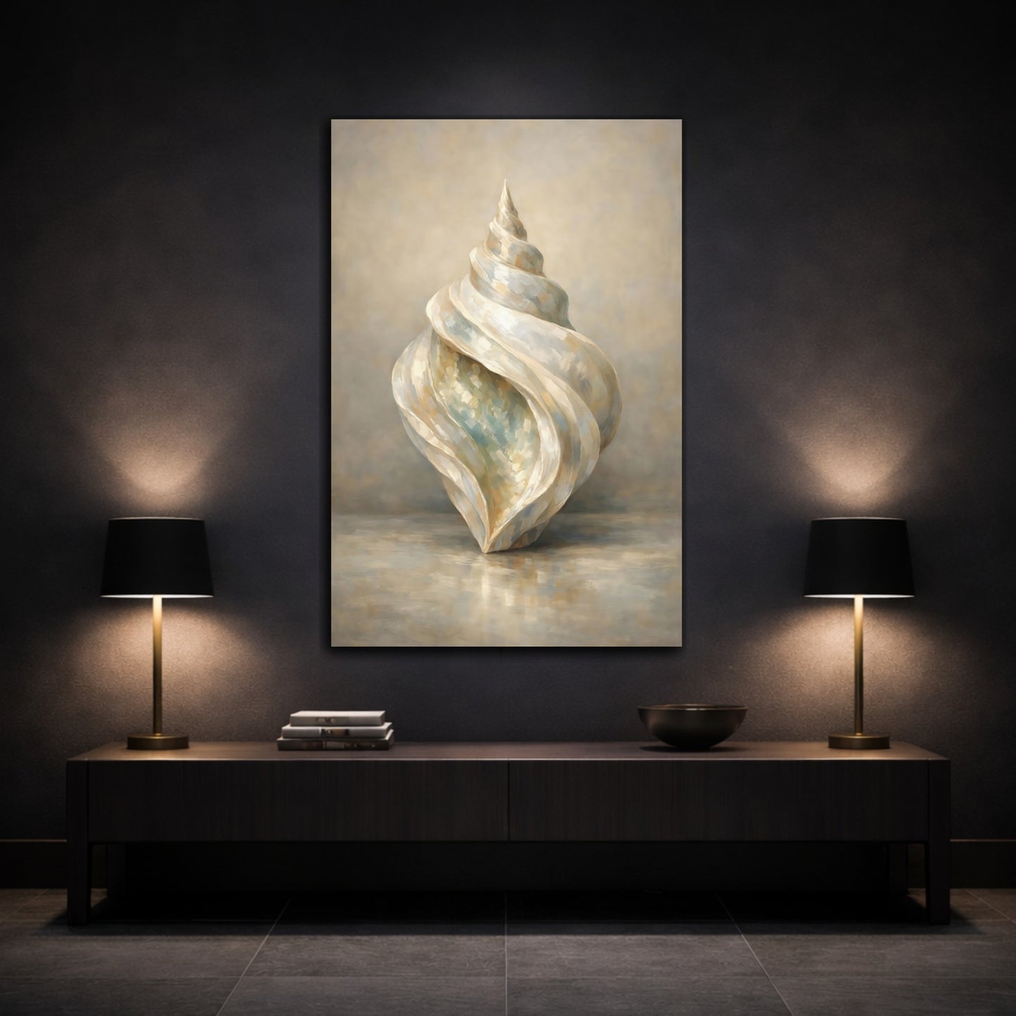 Mockup 2. Nature Seashell Seashell Neutral Tones shown as stretched canvas wall art