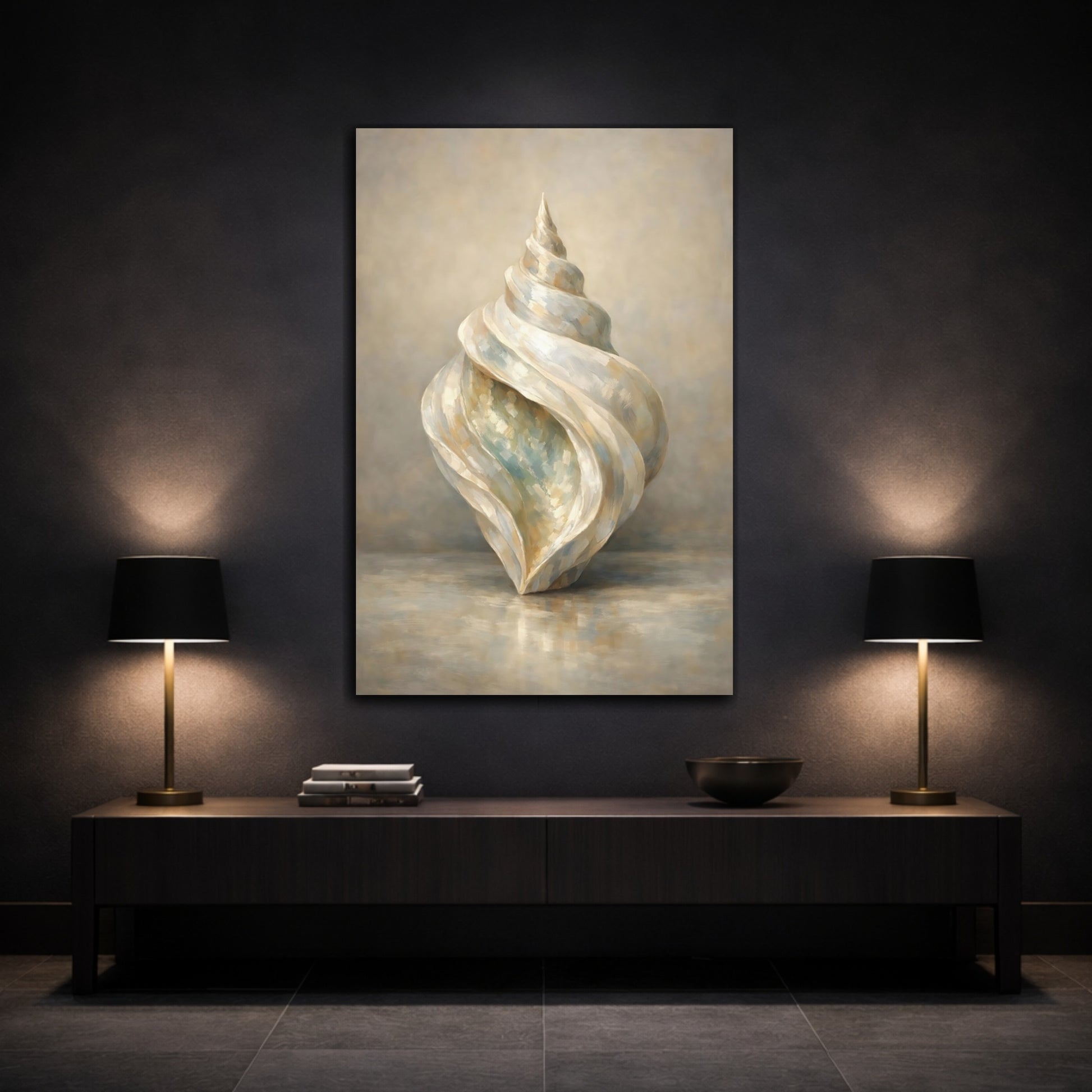 Mockup 2. Nature Seashell Seashell Neutral Tones shown as stretched canvas wall art
