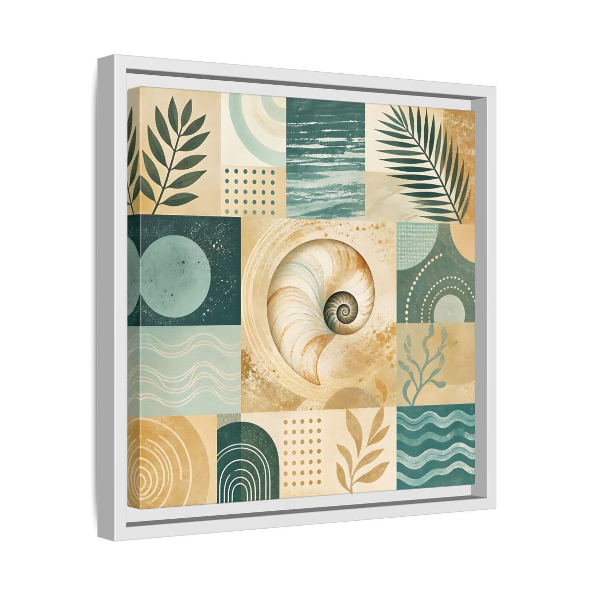 Nature Seashell Teal Gold Coastal Framed Canvas Print – Living Room, Above Sofa - YesArtYes