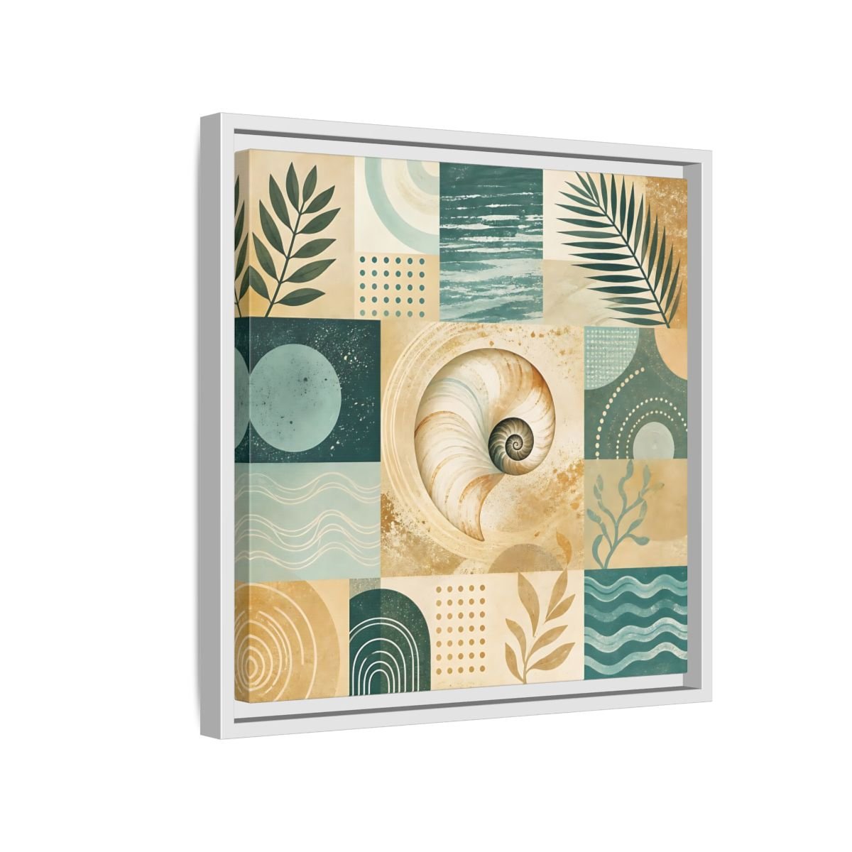 Nature Seashell Teal Gold Coastal Framed Canvas Print – Living Room, Above Sofa - YesArtYes