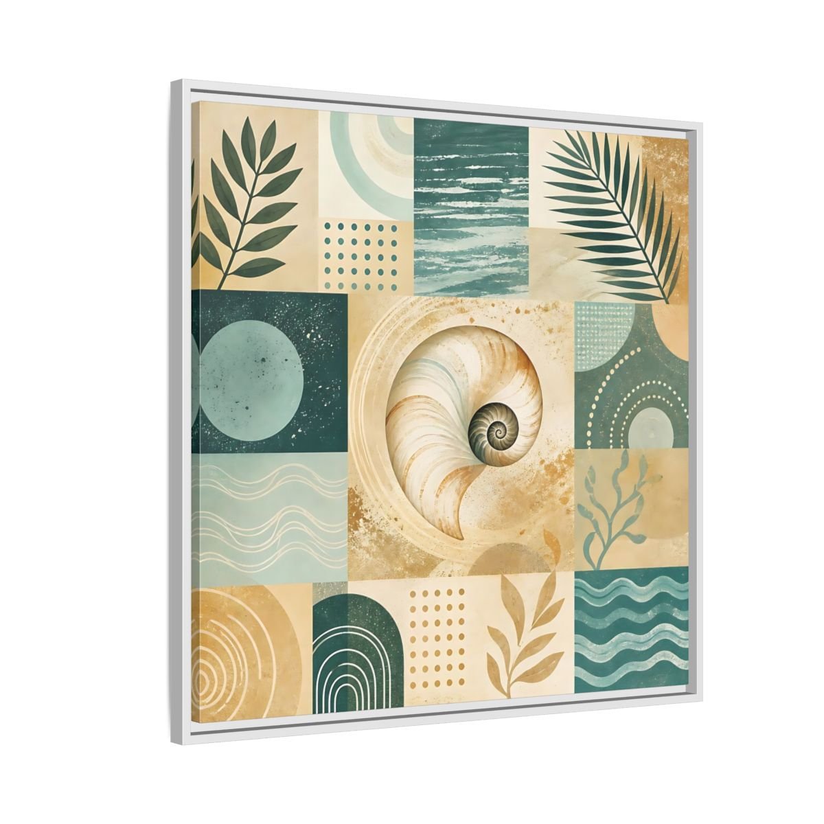 Nature Seashell Teal Gold Coastal Framed Canvas Print – Living Room, Above Sofa - YesArtYes