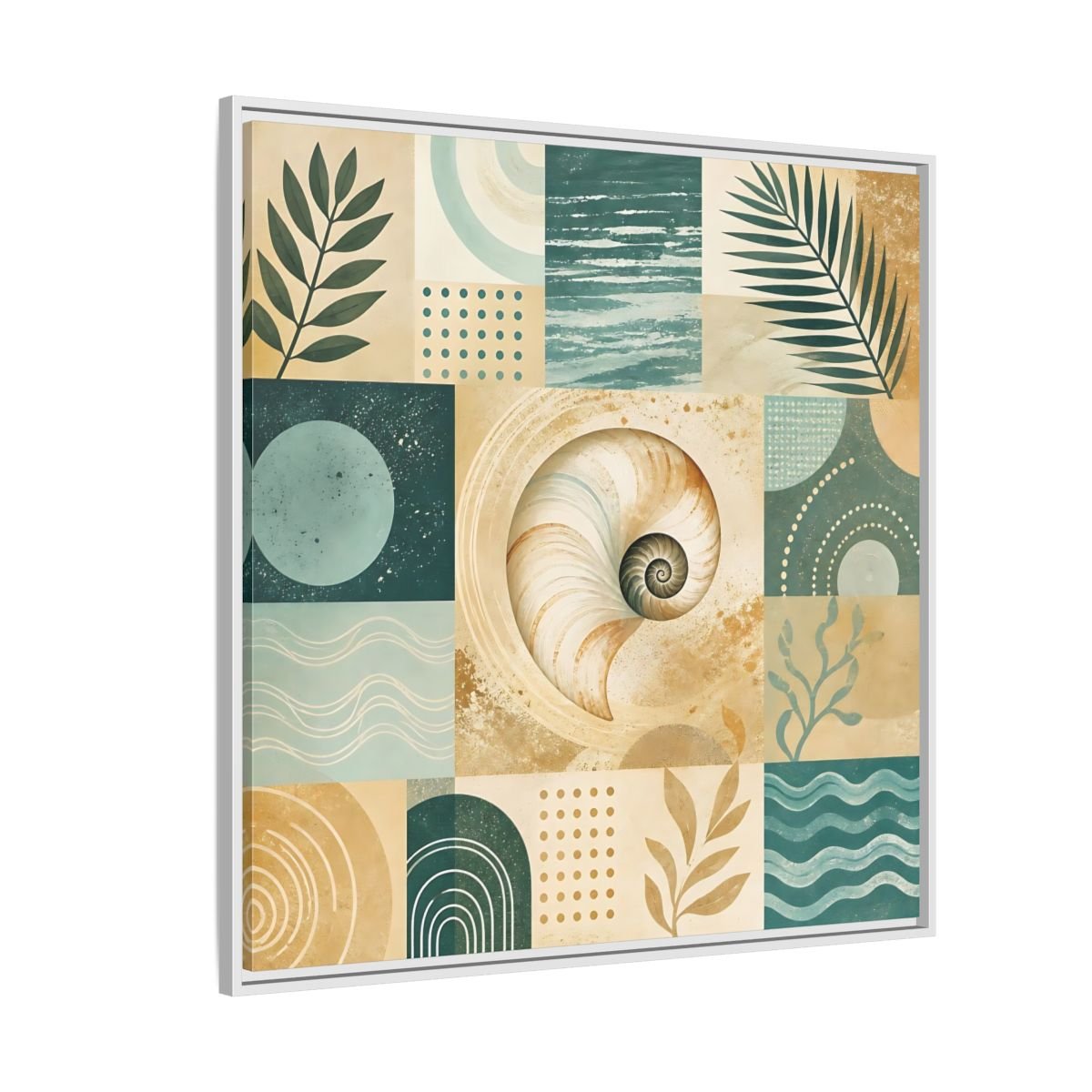Nature Seashell Teal Gold Coastal Framed Canvas Print – Living Room, Above Sofa - YesArtYes