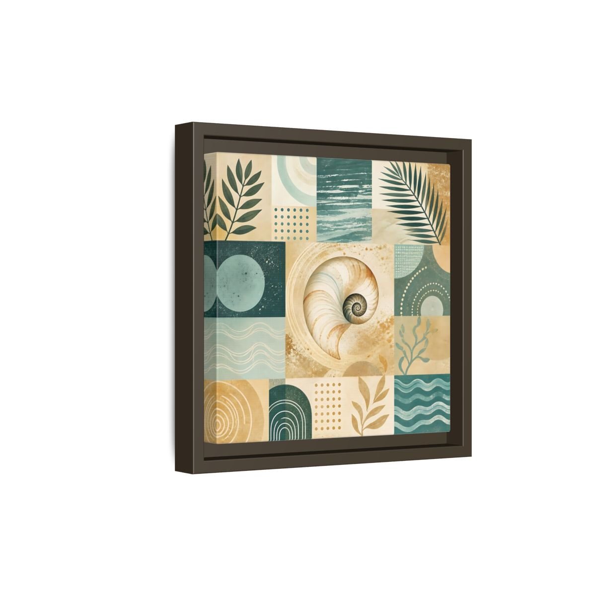 Nature Seashell Teal Gold Coastal Framed Canvas Print – Living Room, Above Sofa - YesArtYes