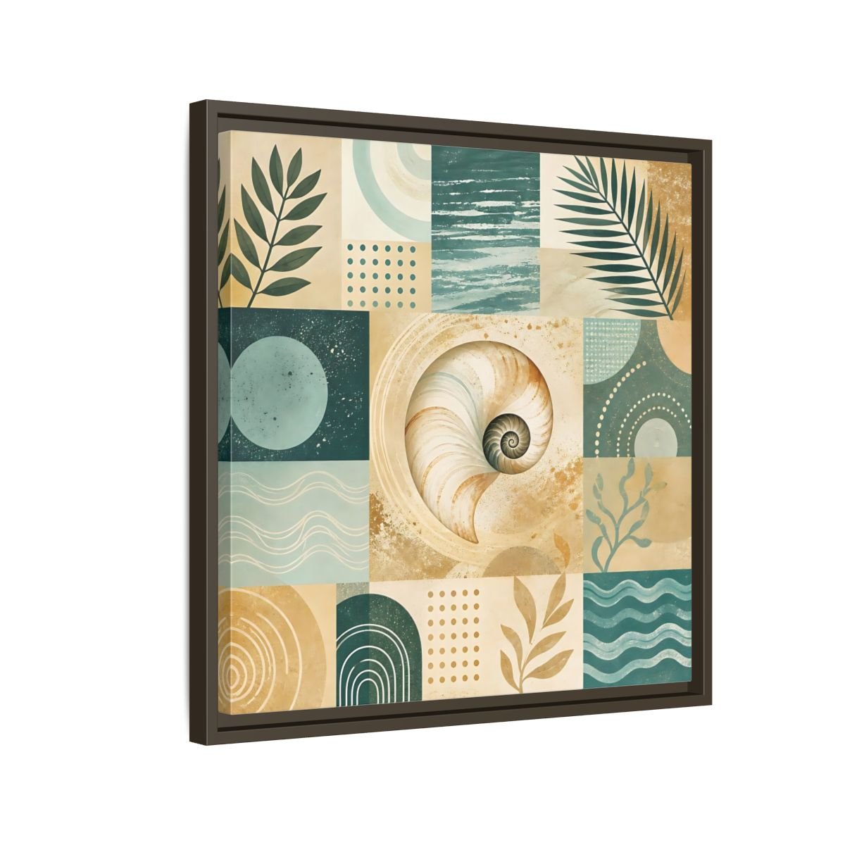 Nature Seashell Teal Gold Coastal Framed Canvas Print – Living Room, Above Sofa - YesArtYes