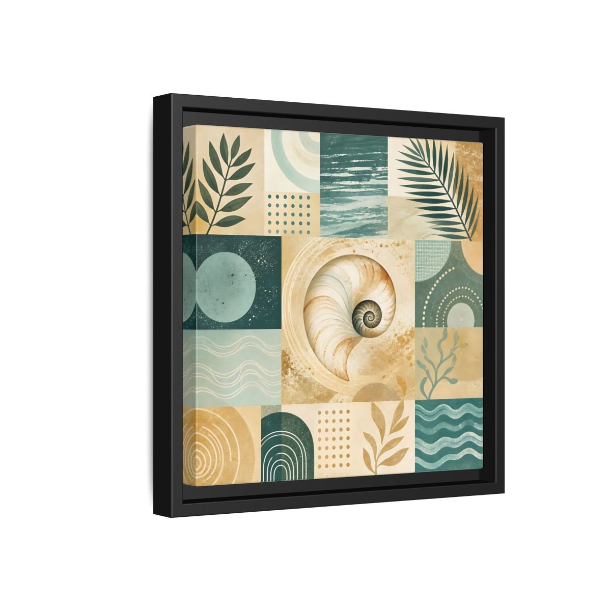 Nature Seashell Teal Gold Coastal Framed Canvas Print – Living Room, Above Sofa - YesArtYes