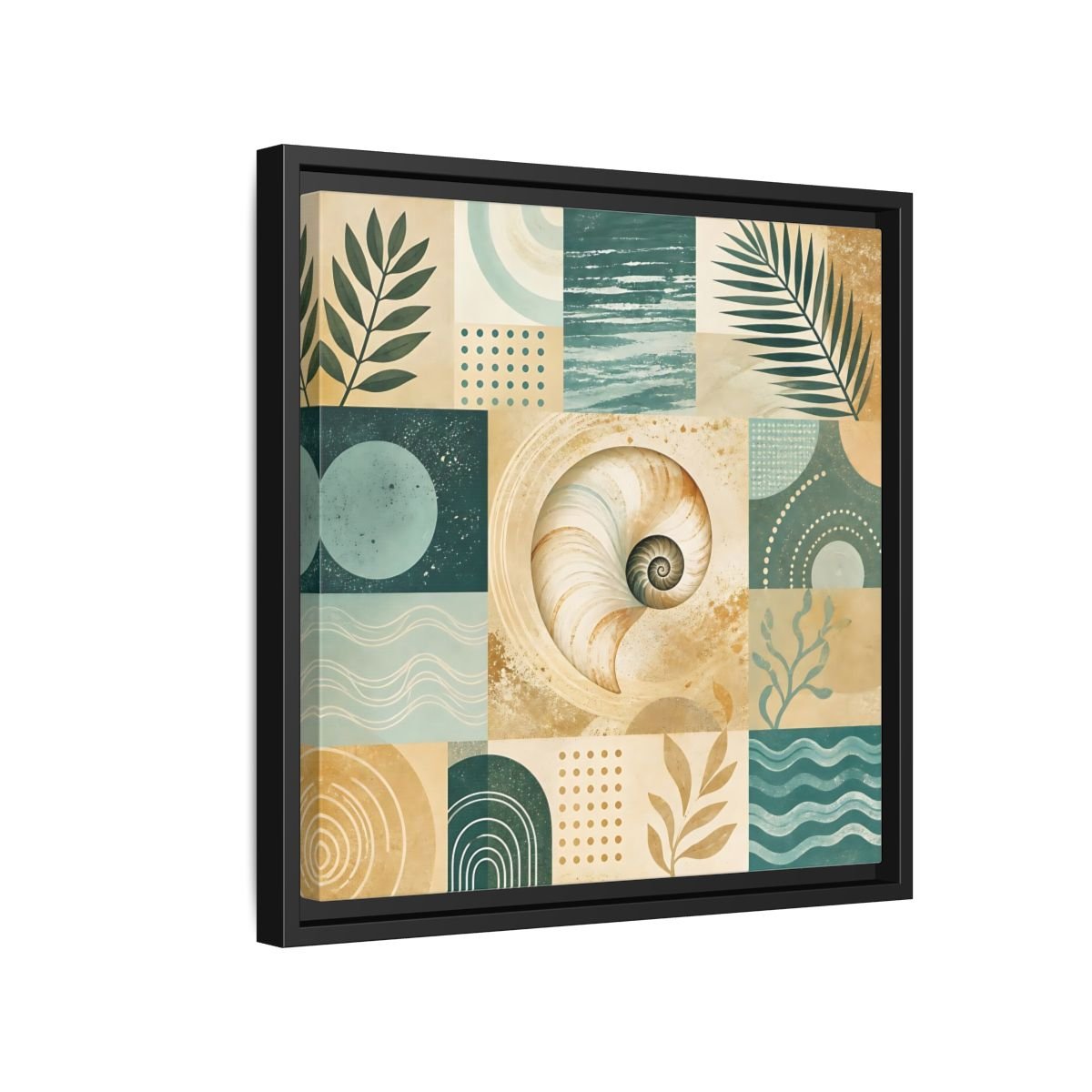 Nature Seashell Teal Gold Coastal Framed Canvas Print – Living Room, Above Sofa - YesArtYes