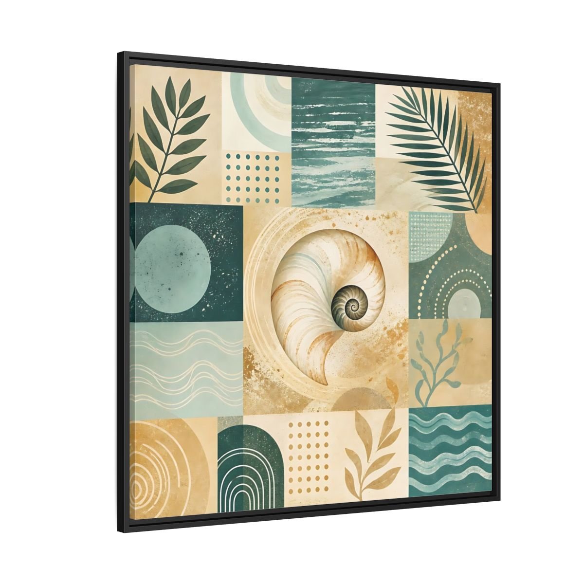 Nature Seashell Teal Gold Coastal Framed Canvas Print – Living Room, Above Sofa - YesArtYes
