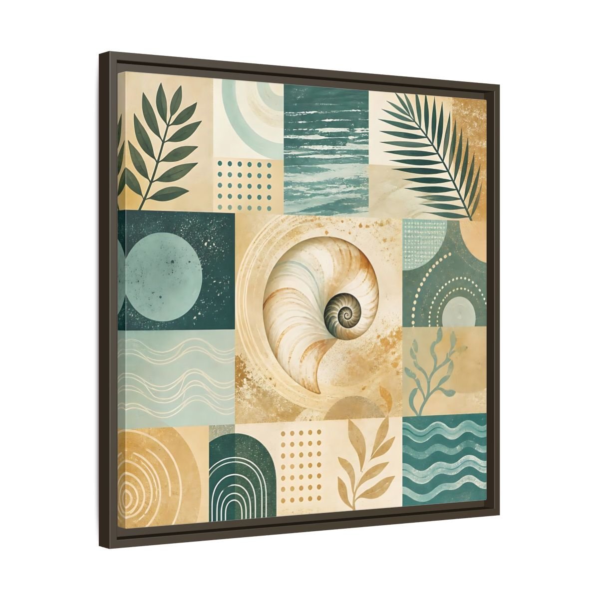 Nature Seashell Teal Gold Coastal Framed Canvas Print – Living Room, Above Sofa - YesArtYes