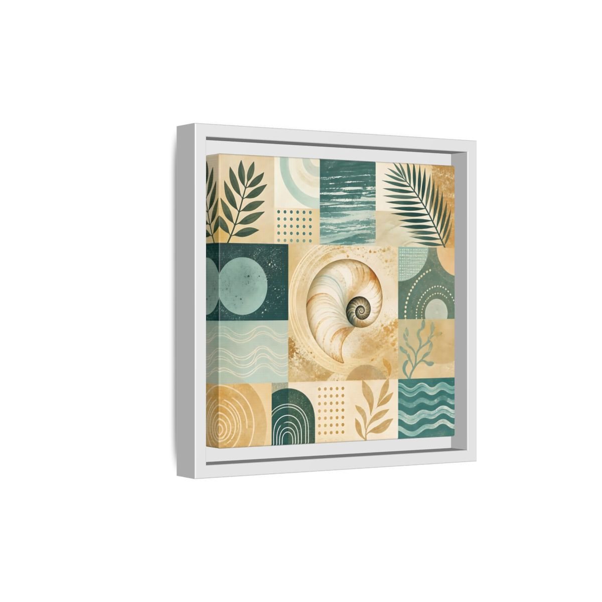 Nature Seashell Teal Gold Coastal Framed Canvas Print – Living Room, Above Sofa - YesArtYes
