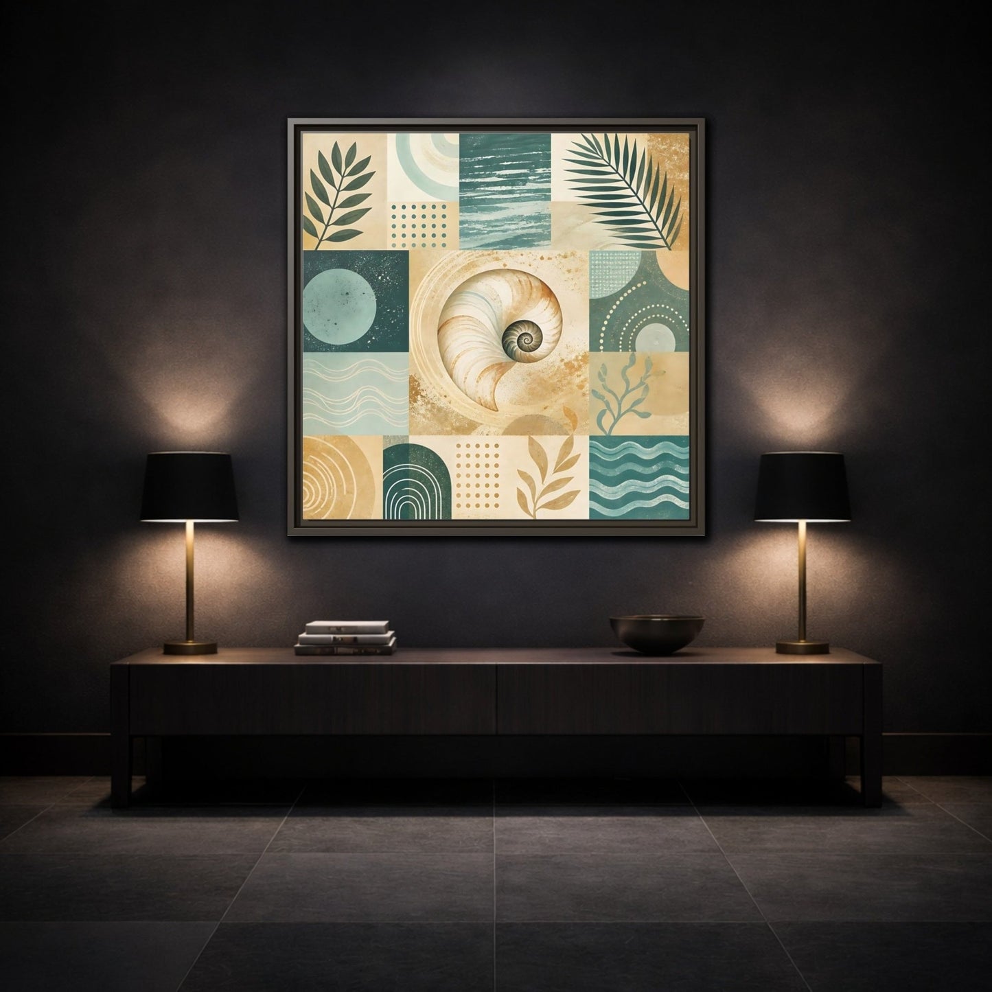 Nature Seashell Teal Gold Coastal Framed Canvas Print – Living Room, Above Sofa - YesArtYes