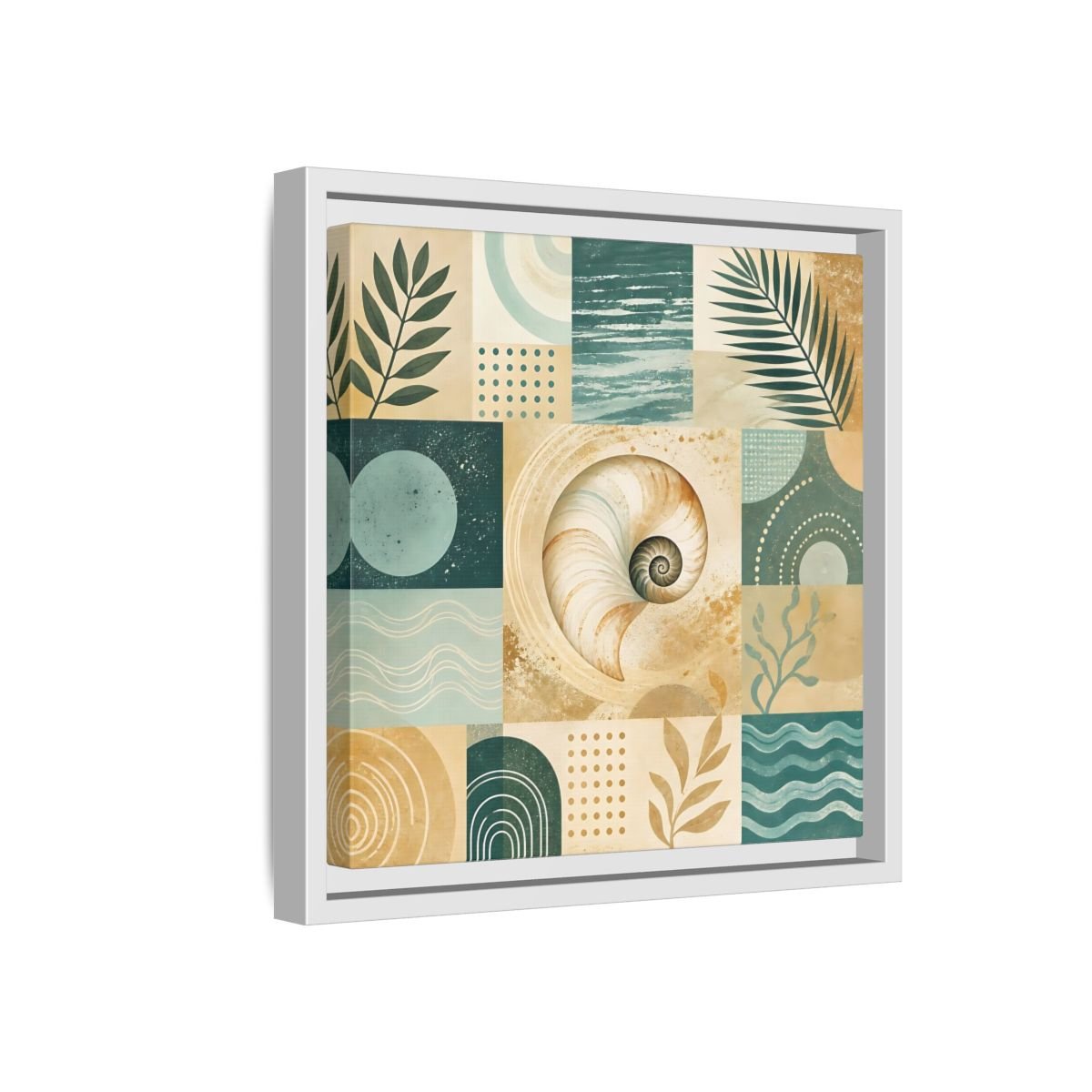 Nature Seashell Teal Gold Coastal Framed Canvas Print – Living Room, Above Sofa - YesArtYes
