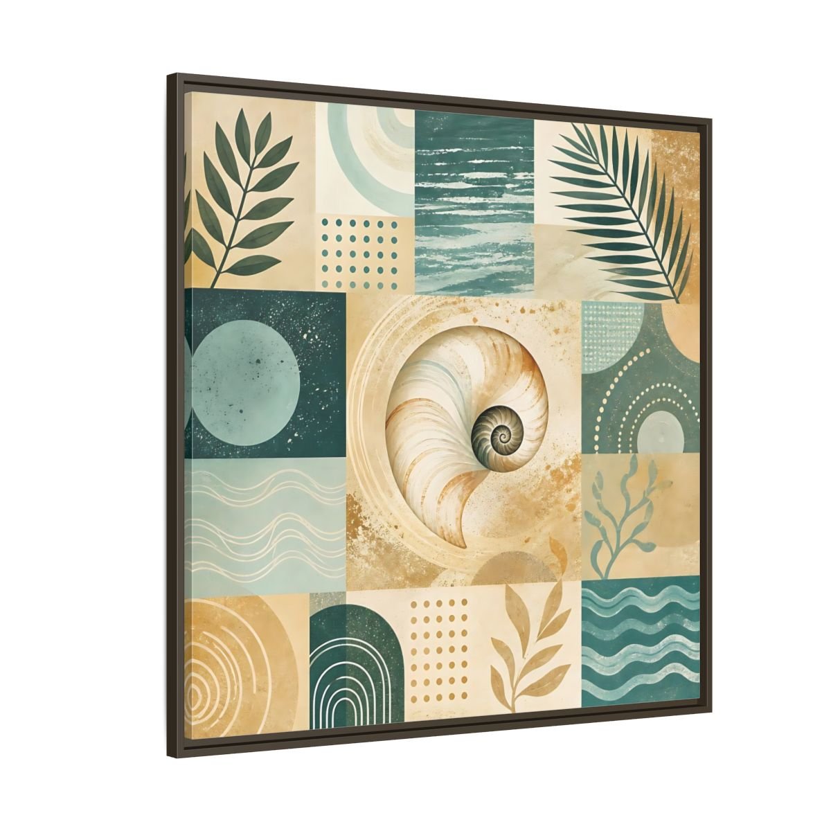 Nature Seashell Teal Gold Coastal Framed Canvas Print – Living Room, Above Sofa - YesArtYes