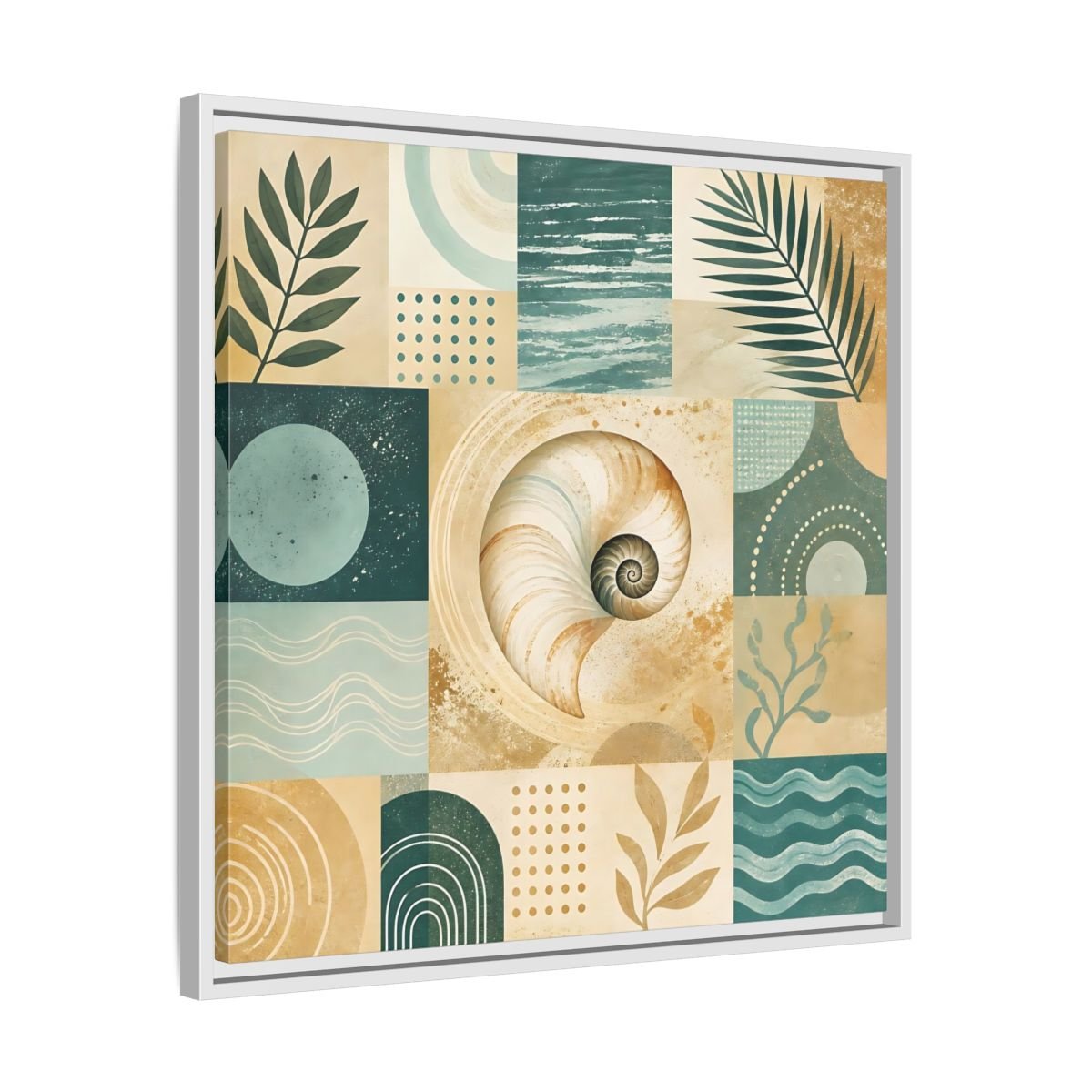 Nature Seashell Teal Gold Coastal Framed Canvas Print – Living Room, Above Sofa - YesArtYes