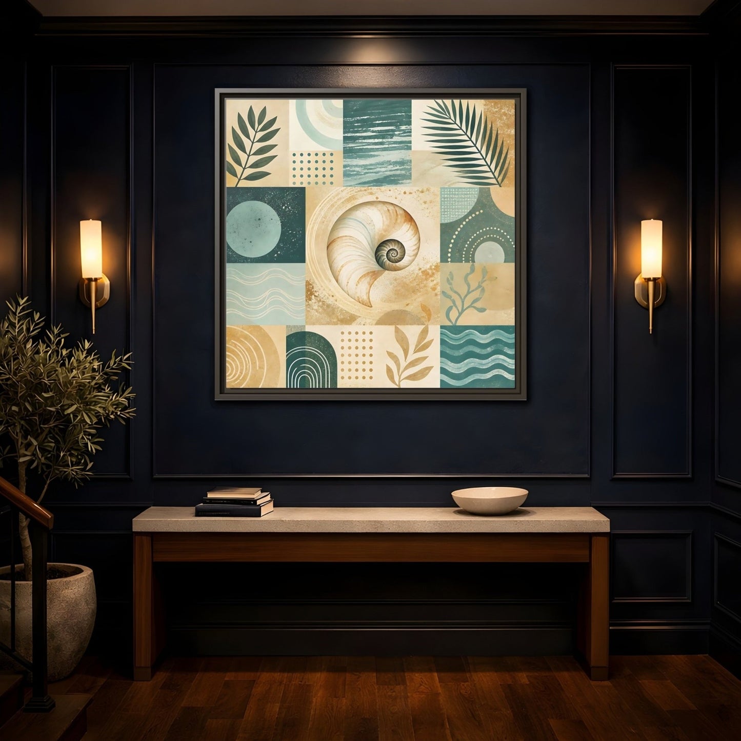 Nature Seashell Teal Gold Coastal Framed Canvas Print – Living Room, Above Sofa - YesArtYes