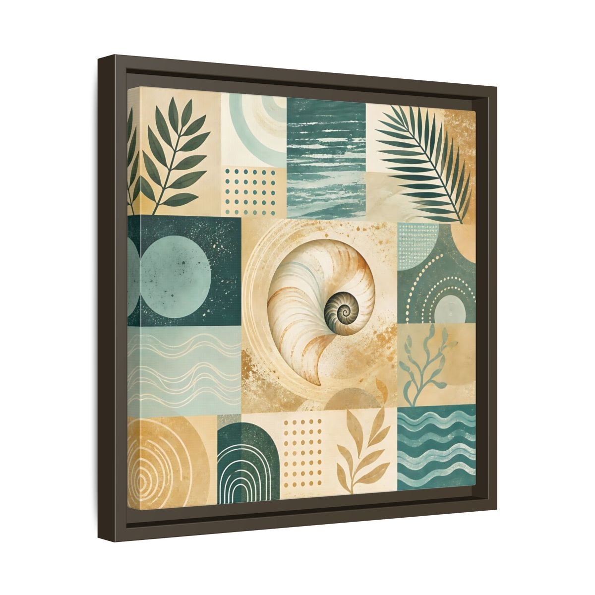 Nature Seashell Teal Gold Coastal Framed Canvas Print – Living Room, Above Sofa - YesArtYes