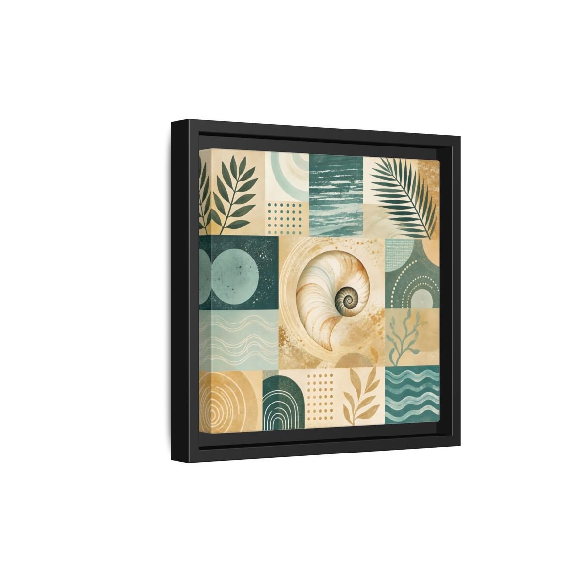 Nature Seashell Teal Gold Coastal Framed Canvas Print – Living Room, Above Sofa - YesArtYes