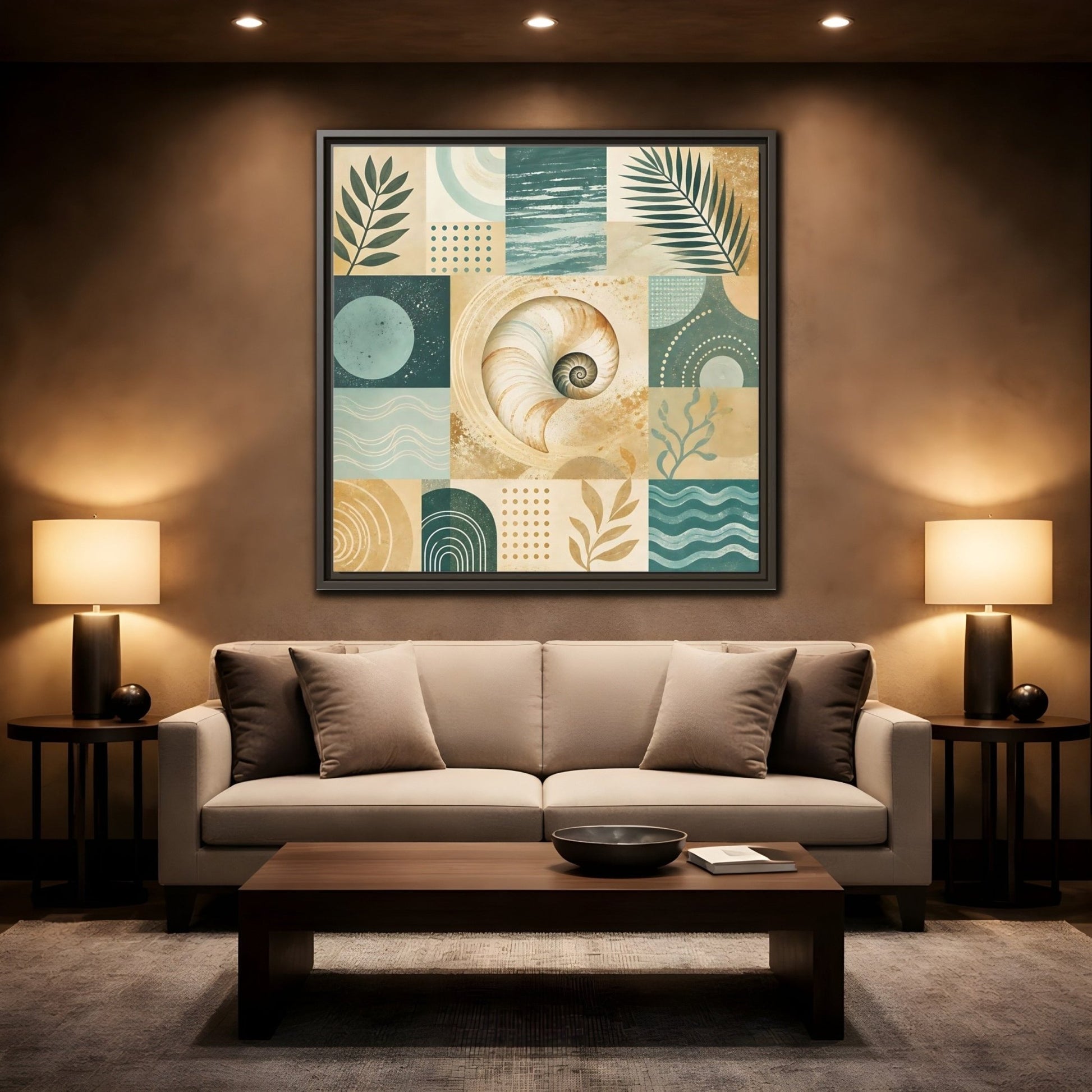 Nature Seashell Teal Gold Coastal Framed Canvas Print – Living Room, Above Sofa - YesArtYes