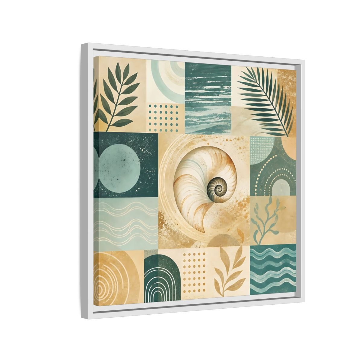 Nature Seashell Teal Gold Coastal Framed Canvas Print – Living Room, Above Sofa - YesArtYes