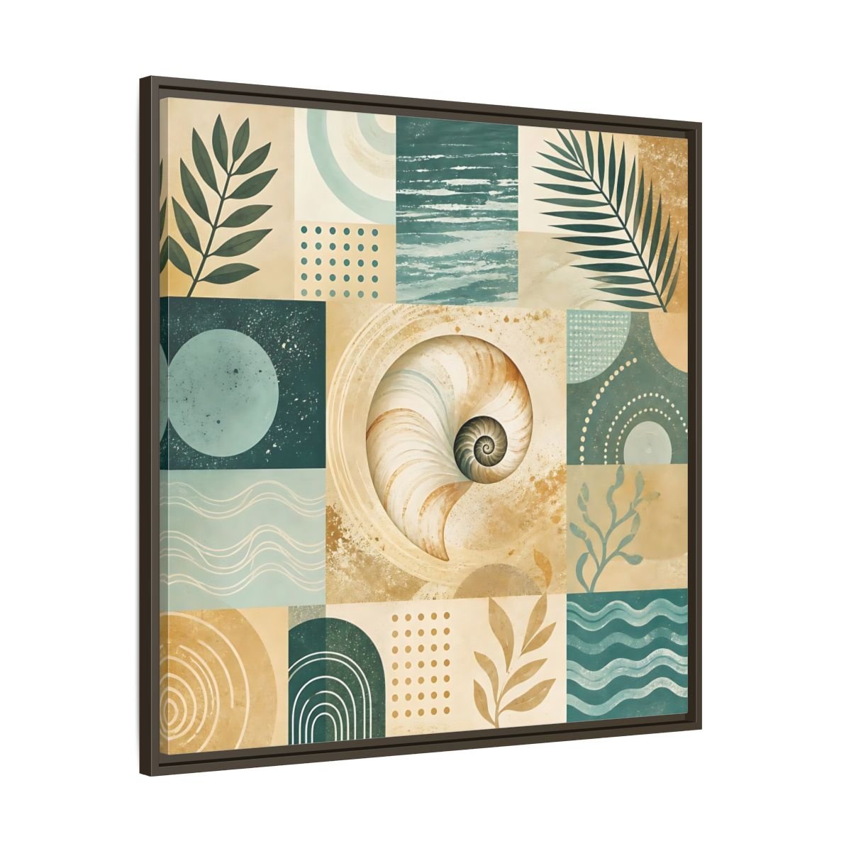 Nature Seashell Teal Gold Coastal Framed Canvas Print – Living Room, Above Sofa - YesArtYes