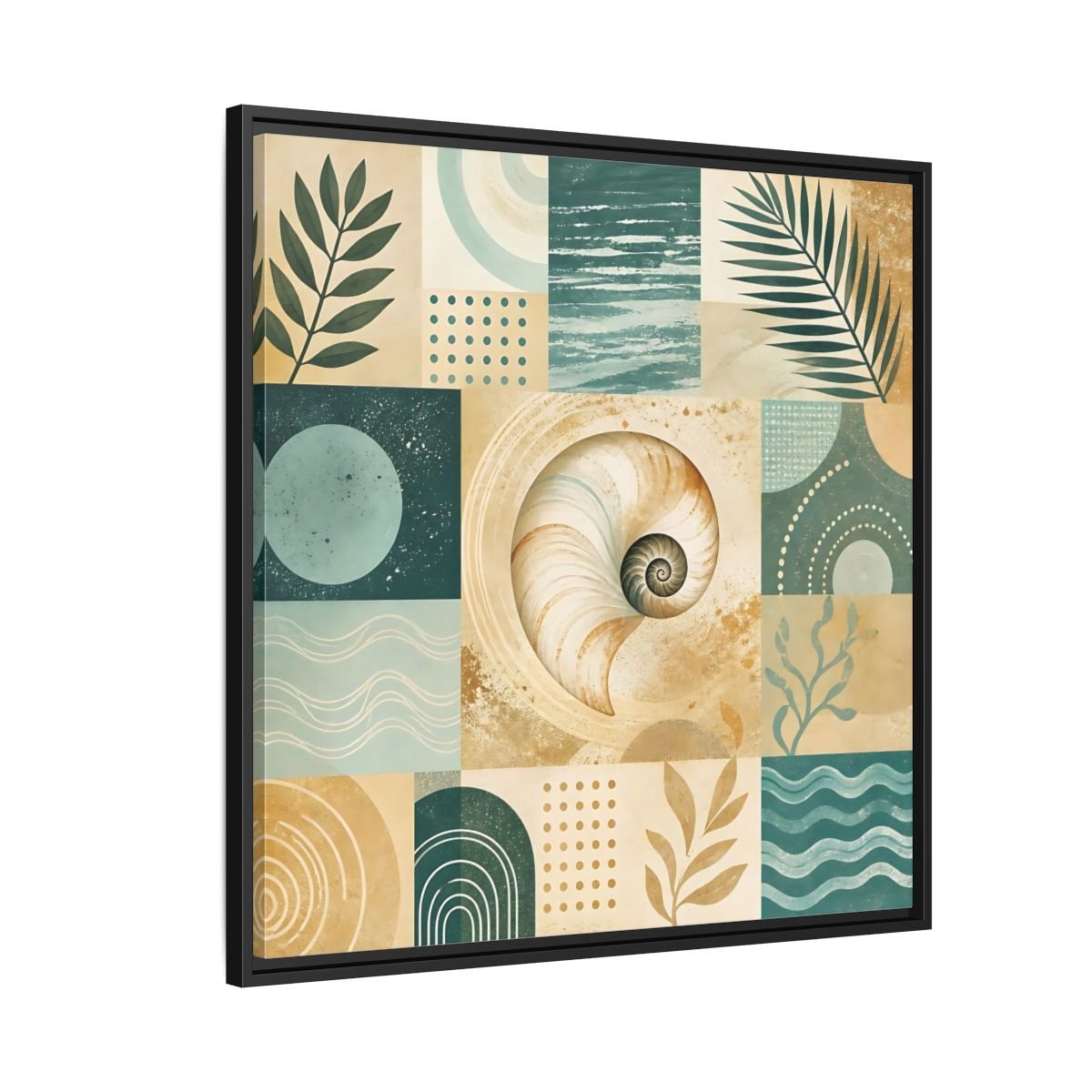 Nature Seashell Teal Gold Coastal Framed Canvas Print – Living Room, Above Sofa - YesArtYes