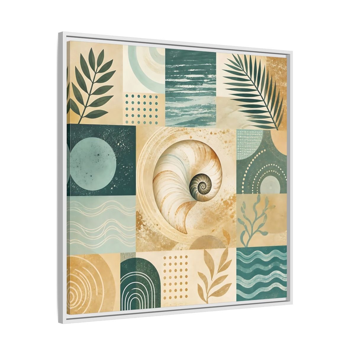 Nature Seashell Teal Gold Coastal Framed Canvas Print – Living Room, Above Sofa - YesArtYes