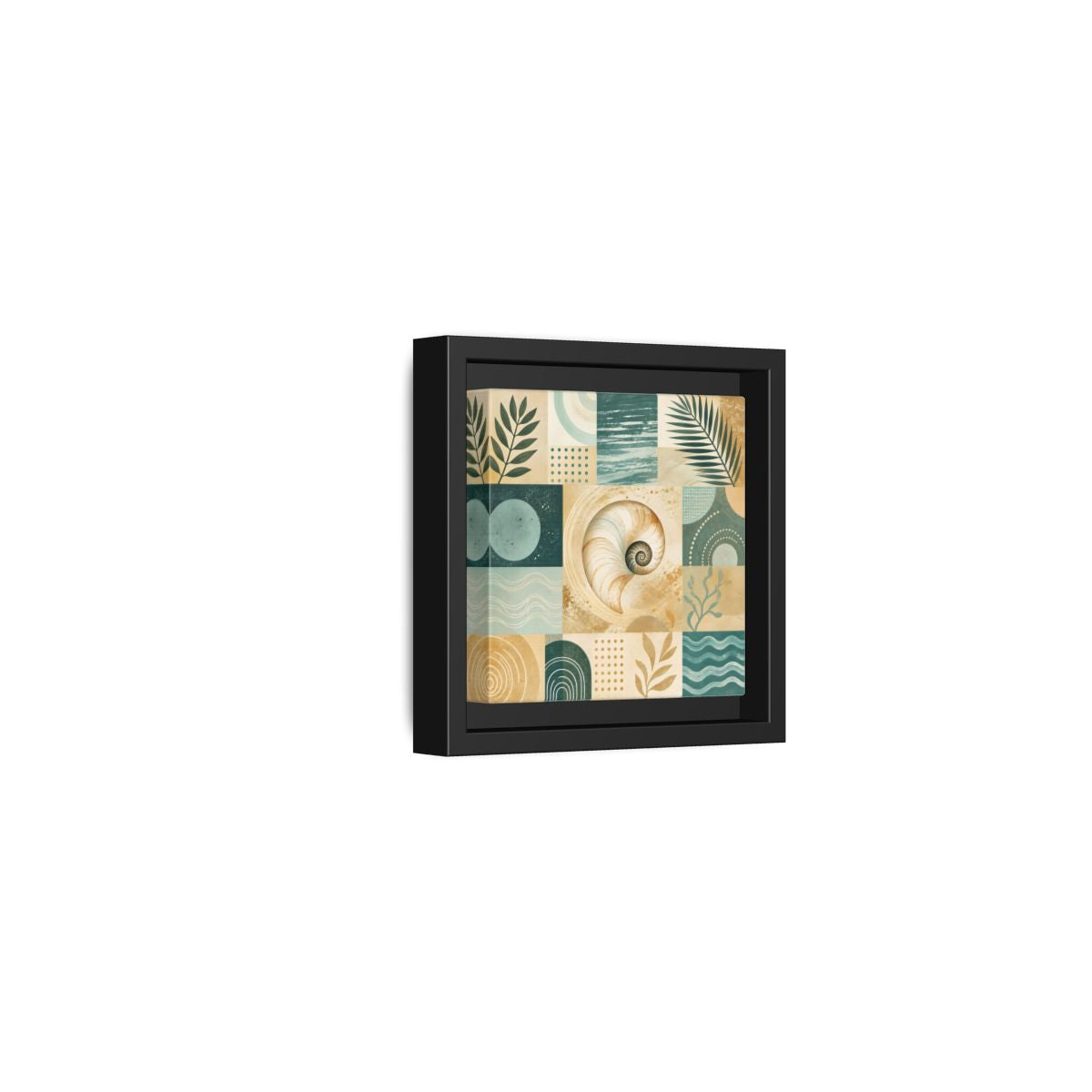 Side Mockup 24. Nature Seashell Teal Gold Coastal shown as framed canvas print