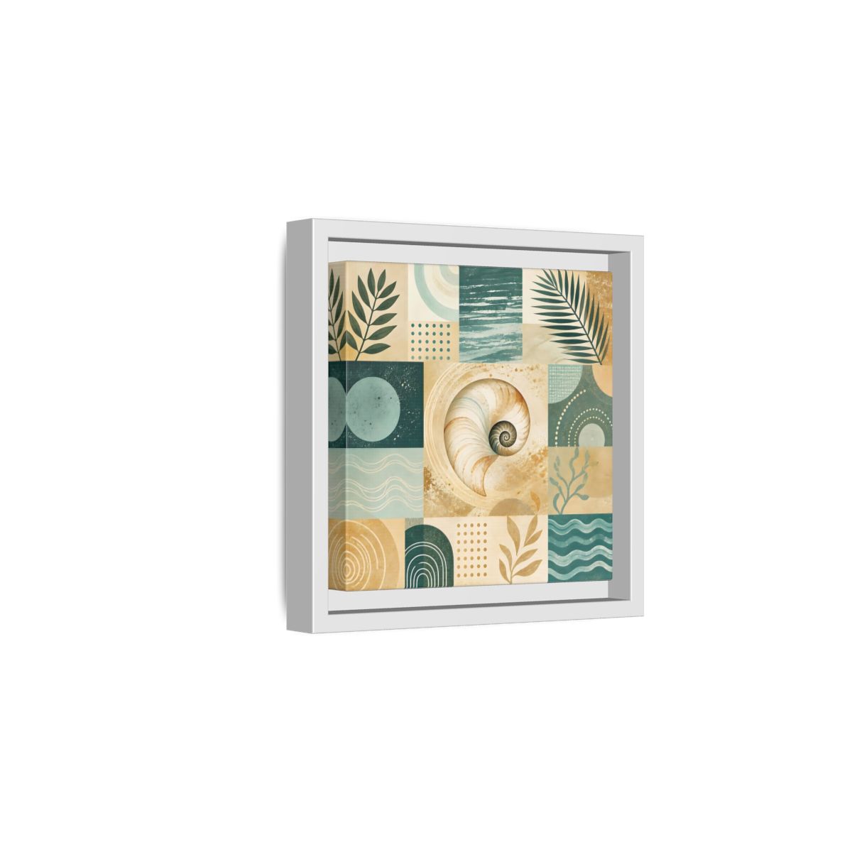 Side Mockup 1. Nature Seashell Teal Gold Coastal shown as framed canvas print