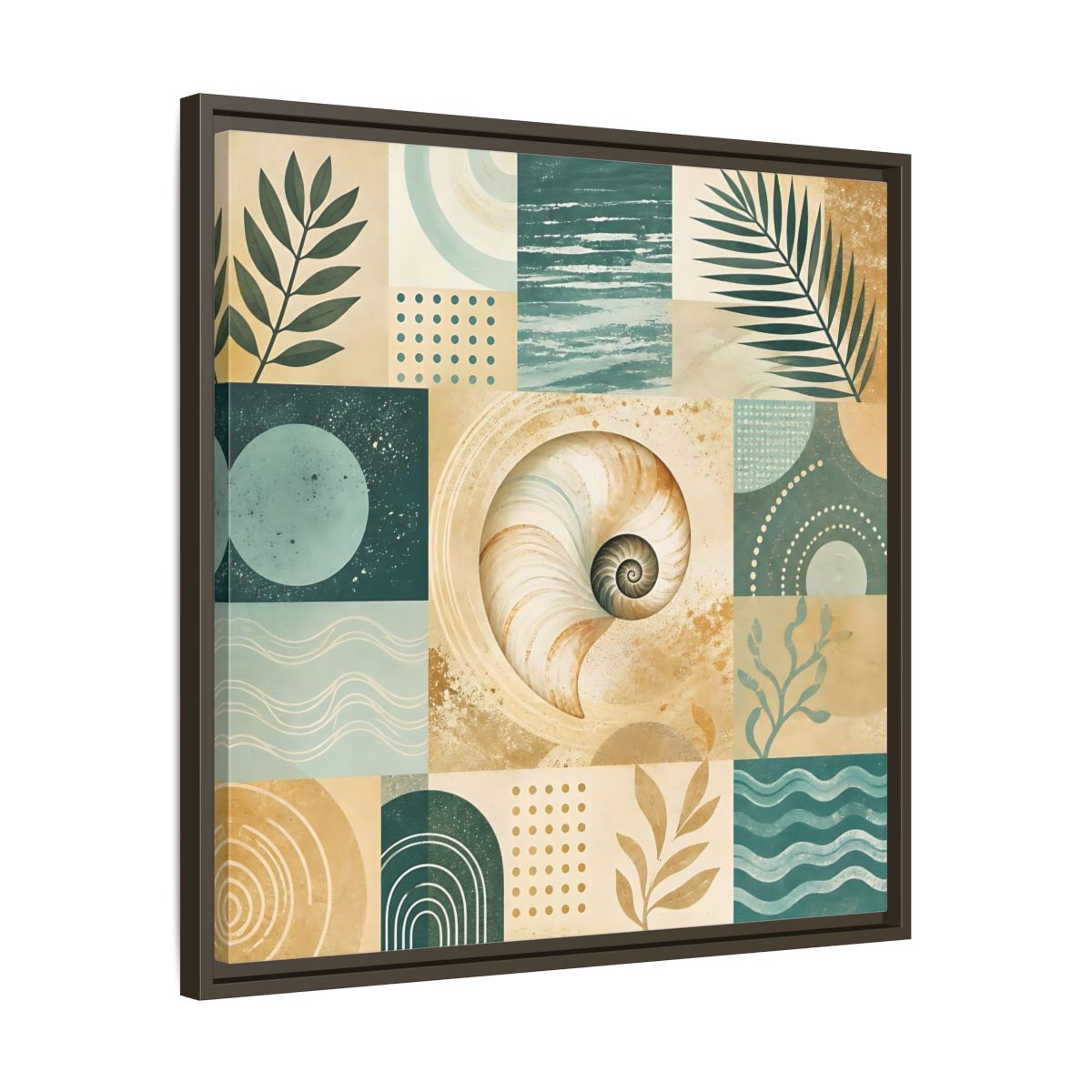 Side Mockup 27. Nature Seashell Teal Gold Coastal shown as framed canvas print