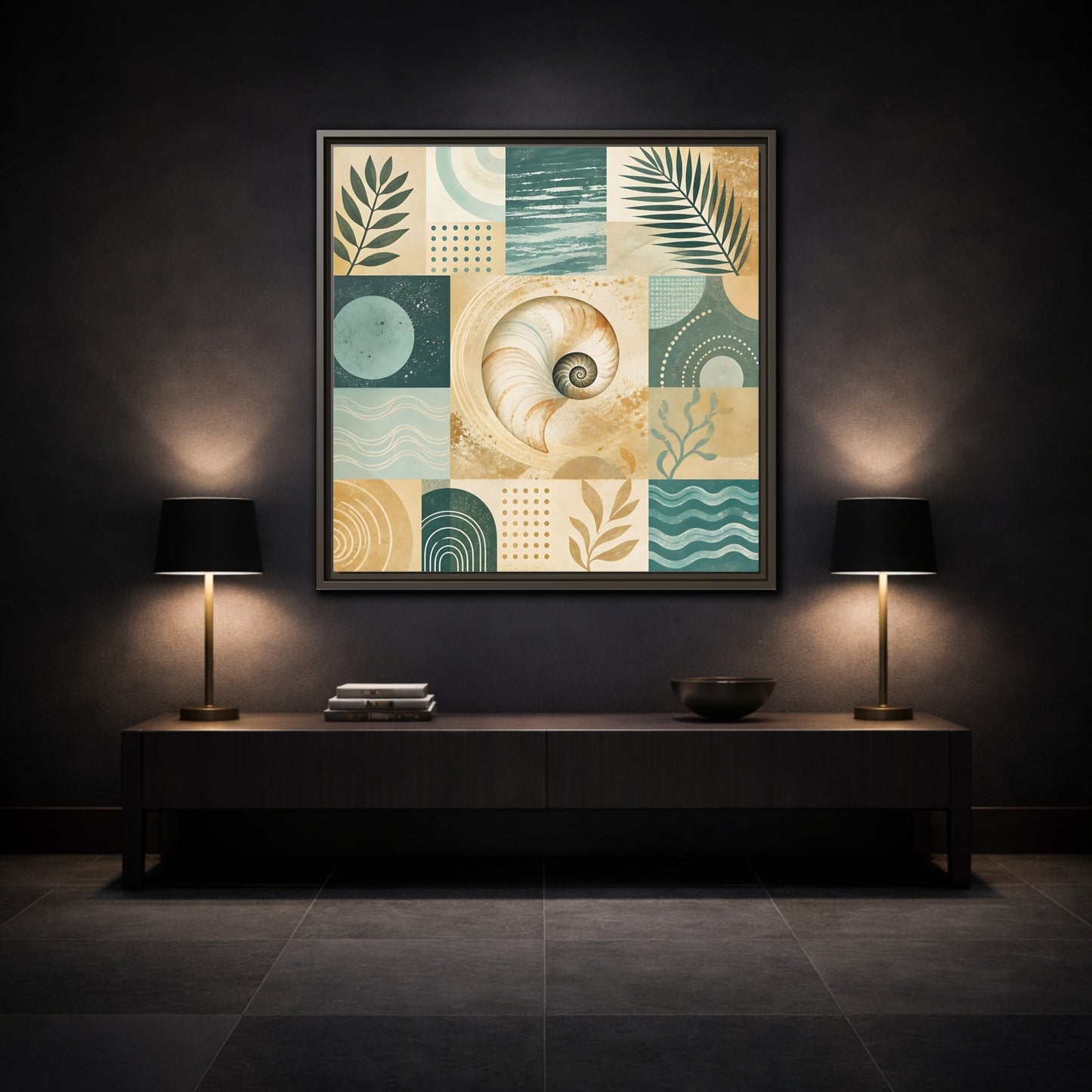 Mockup 3. Nature Seashell Teal Gold Coastal shown as framed canvas print
