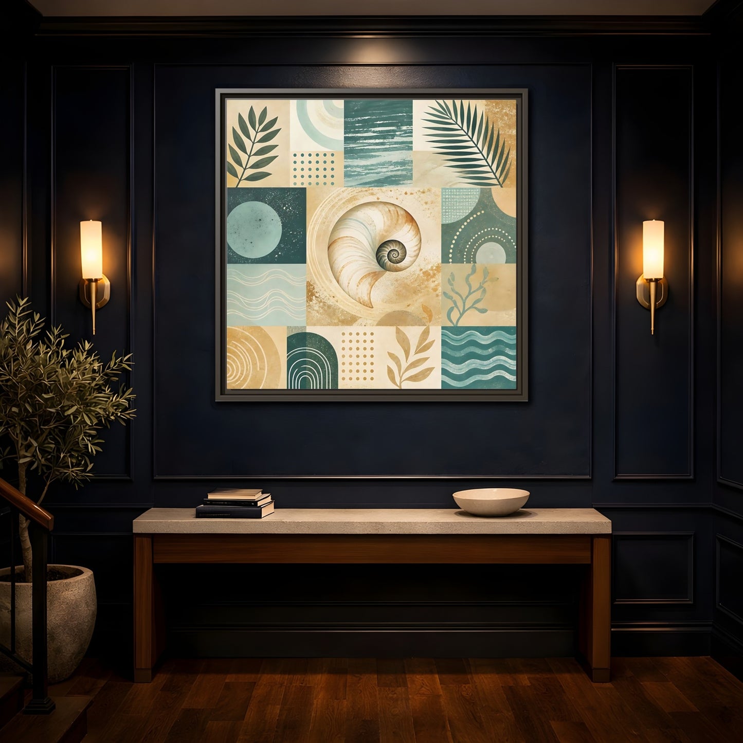 Mockup 4. Nature Seashell Teal Gold Coastal shown as framed canvas print