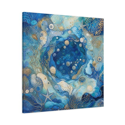 Nature Seashells Blue And Gold Canvas Print Wall Art – Abstract Living Room, Above Console Table - YesArtYes