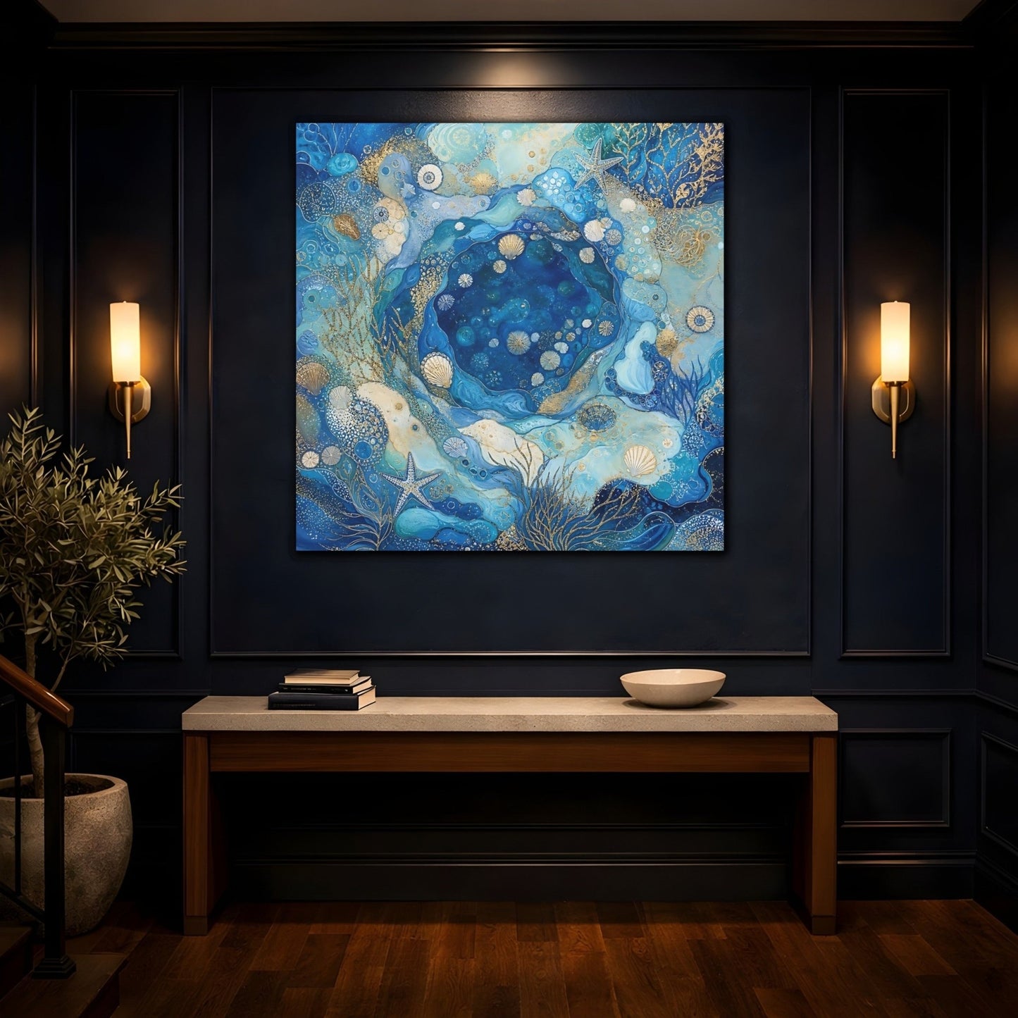 Nature Seashells Blue And Gold Canvas Print Wall Art – Abstract Living Room, Above Console Table - YesArtYes
