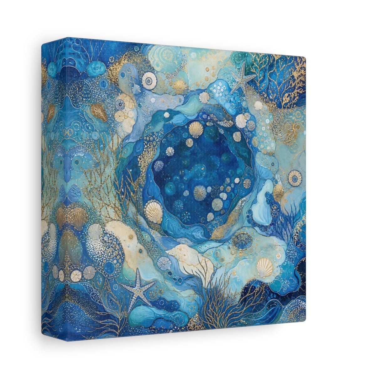 Nature Seashells Blue And Gold Canvas Print Wall Art – Abstract Living Room, Above Console Table - YesArtYes