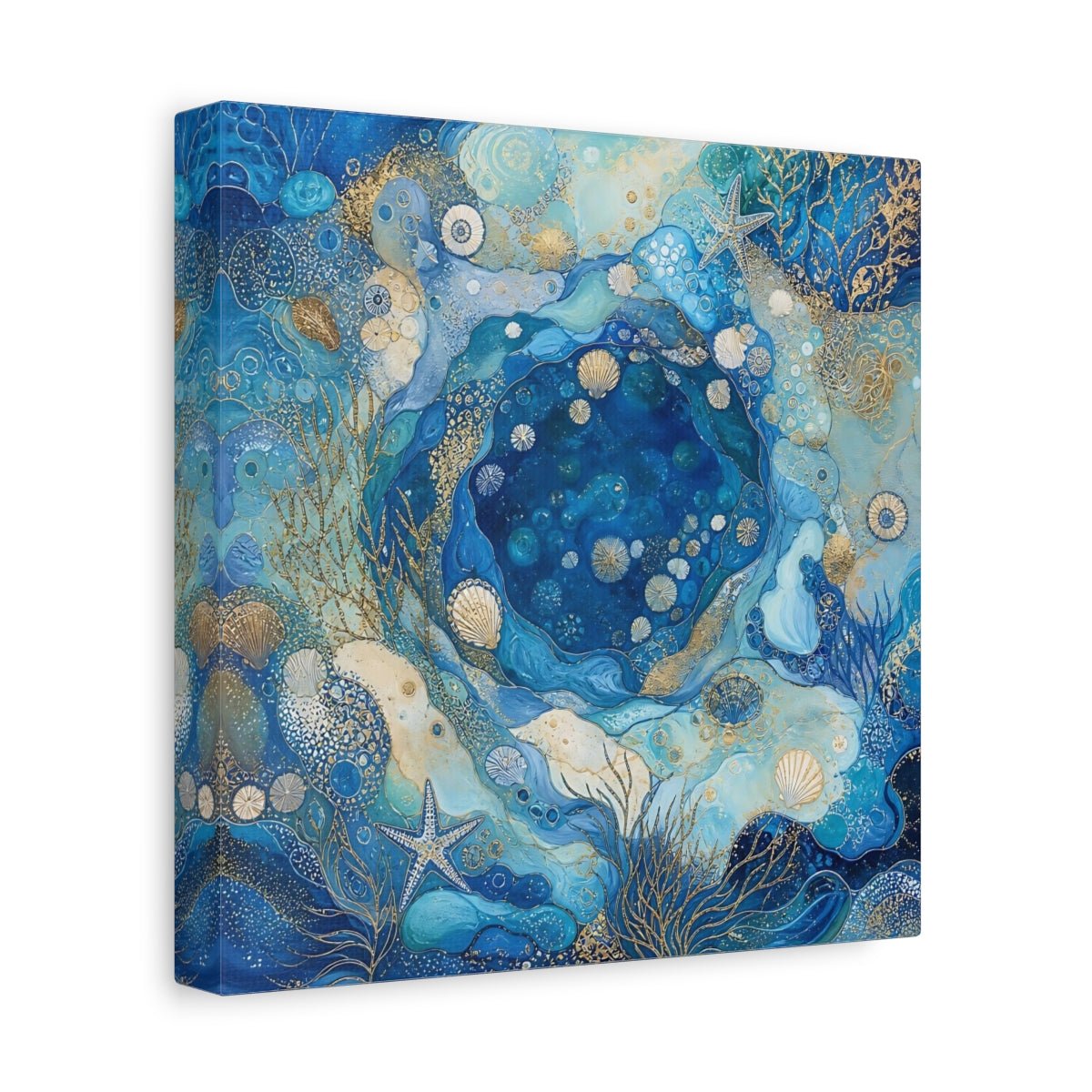 Nature Seashells Blue And Gold Canvas Print Wall Art – Abstract Living Room, Above Console Table - YesArtYes
