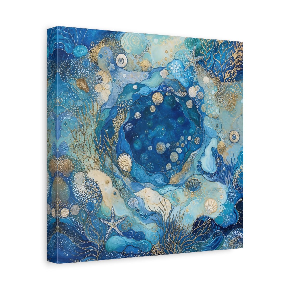 Nature Seashells Blue And Gold Canvas Print Wall Art – Abstract Living Room, Above Console Table - YesArtYes