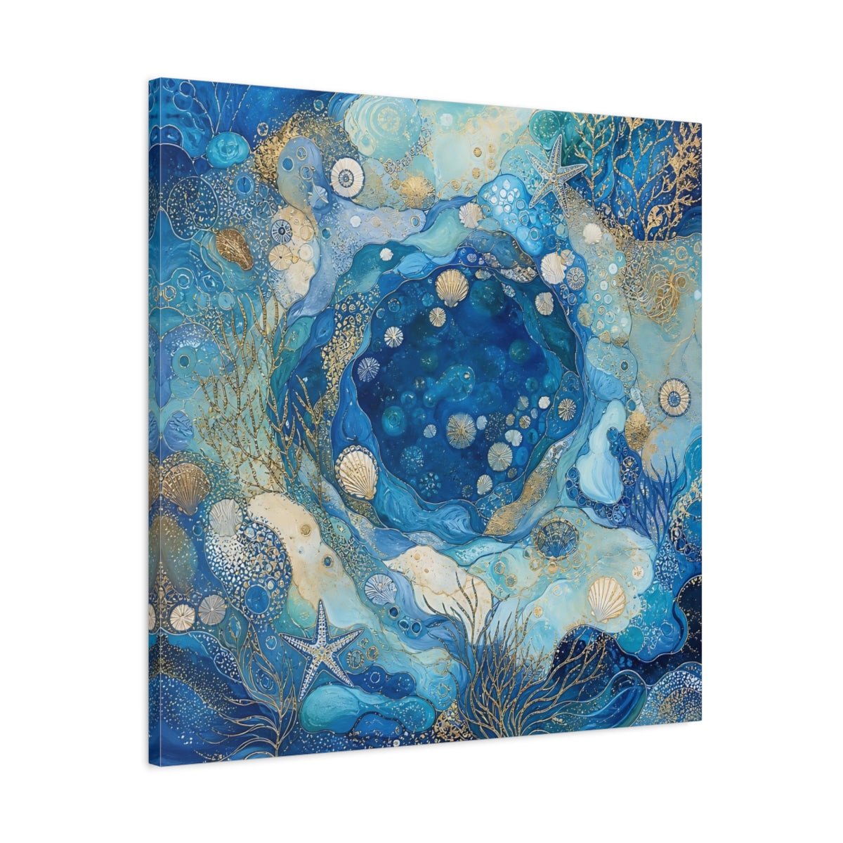 Nature Seashells Blue And Gold Canvas Print Wall Art – Abstract Living Room, Above Console Table - YesArtYes