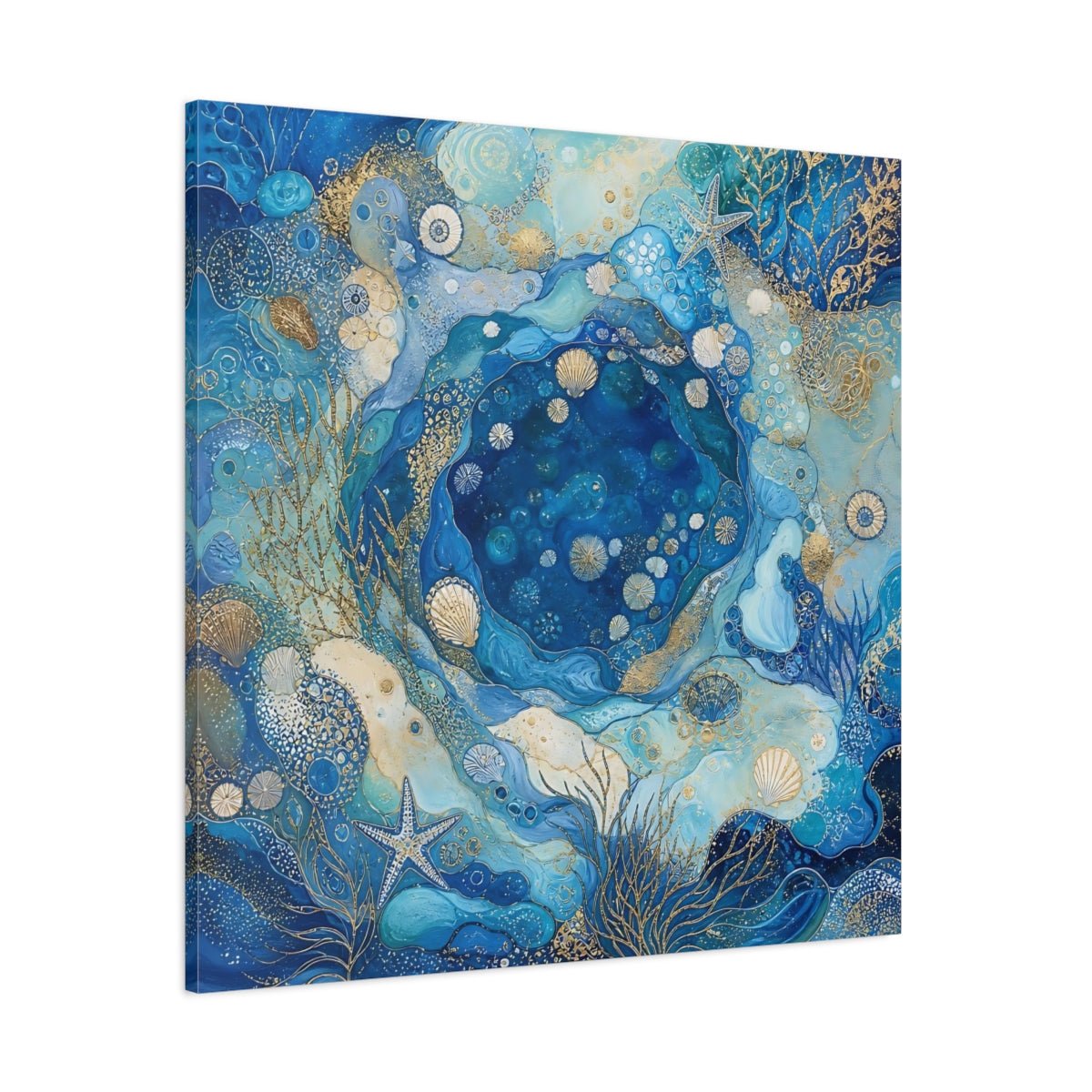 Nature Seashells Blue And Gold Canvas Print Wall Art – Abstract Living Room, Above Console Table - YesArtYes