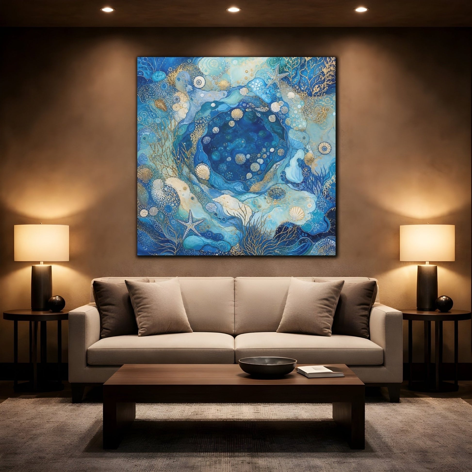 Nature Seashells Blue And Gold Canvas Print Wall Art – Abstract Living Room, Above Console Table - YesArtYes