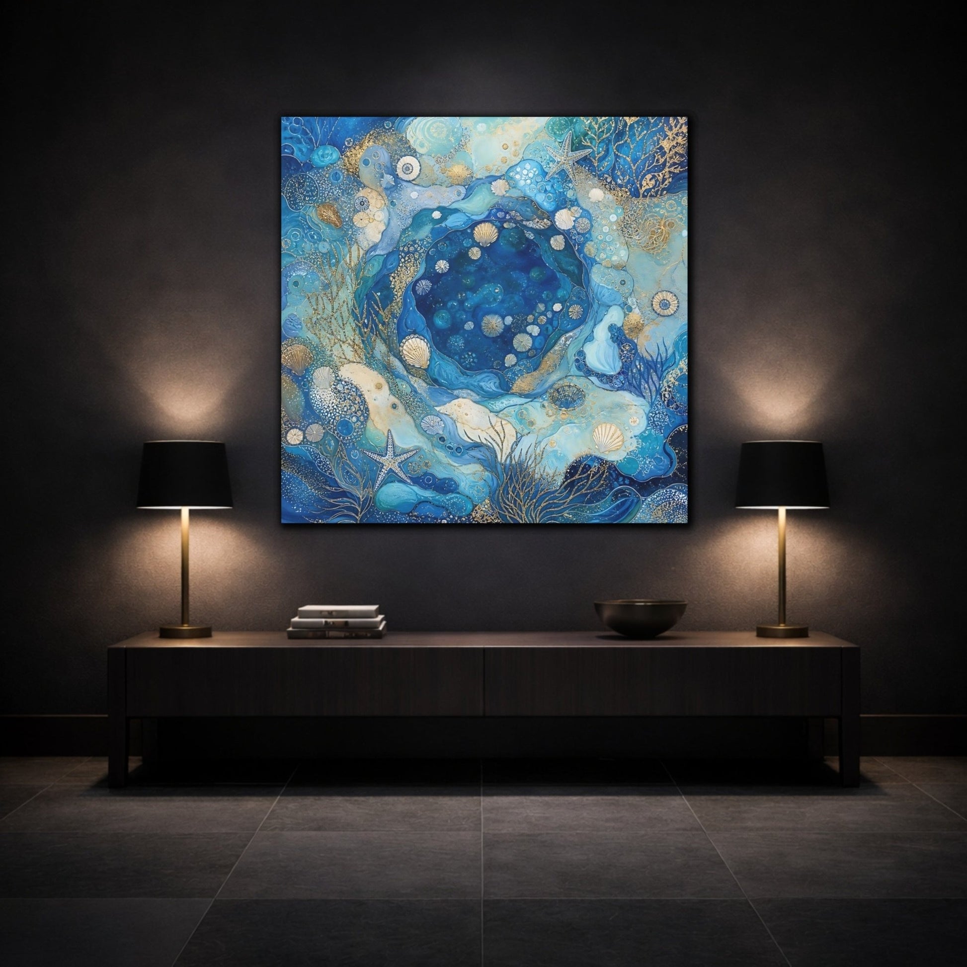 Nature Seashells Blue And Gold Canvas Print Wall Art – Abstract Living Room, Above Console Table - YesArtYes