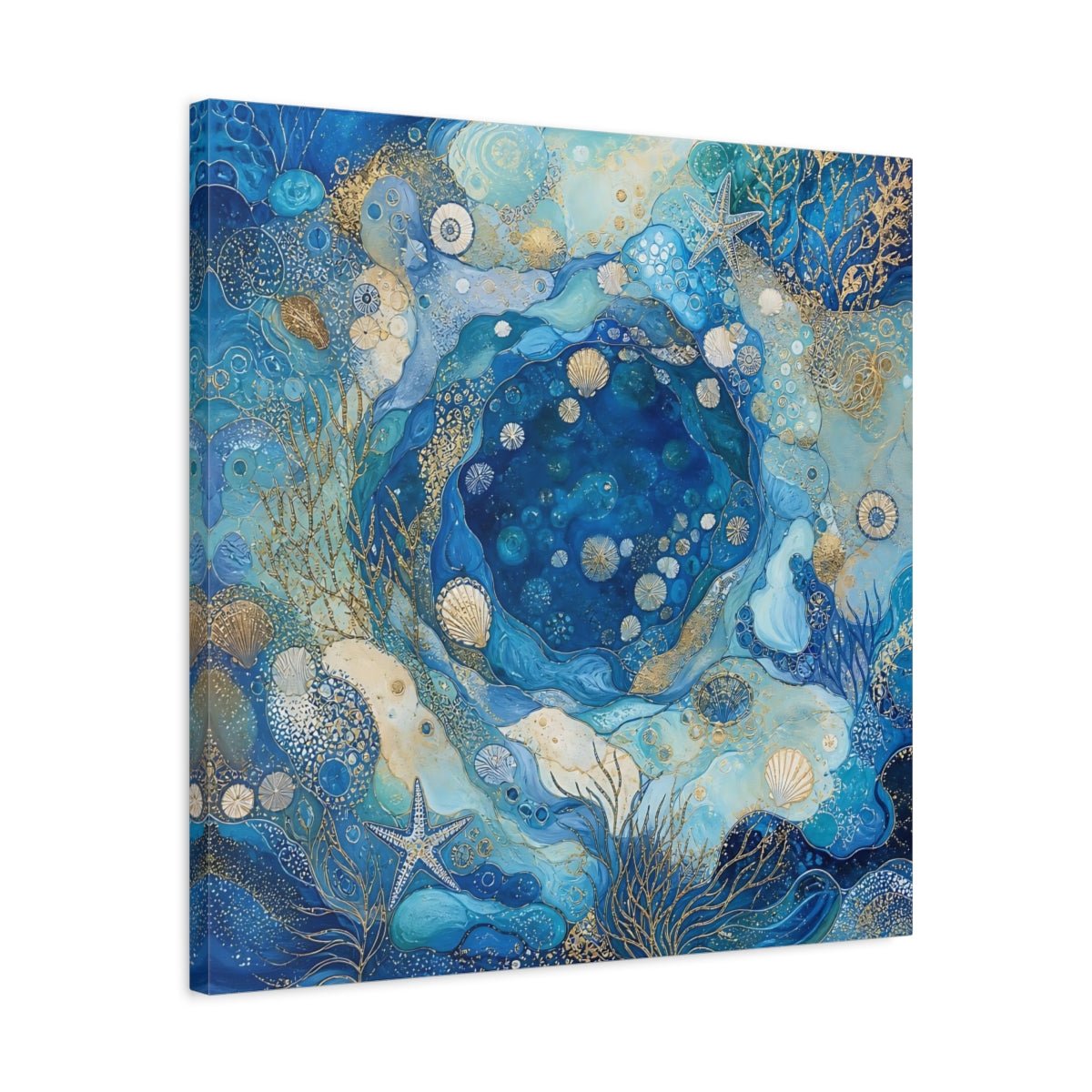 Nature Seashells Blue And Gold Canvas Print Wall Art – Abstract Living Room, Above Console Table - YesArtYes