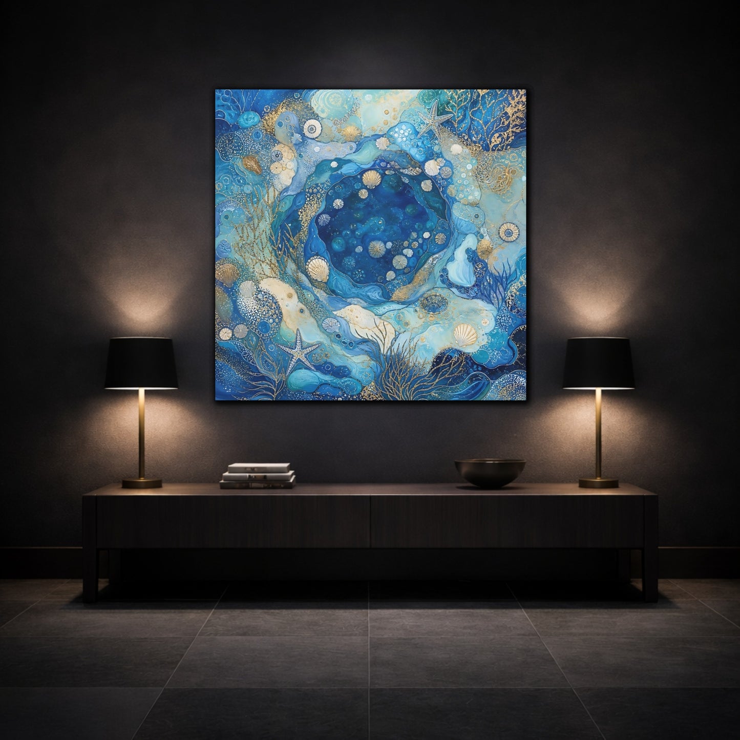 Mockup 3. Nature Seashells Blue And Gold shown as canvas print