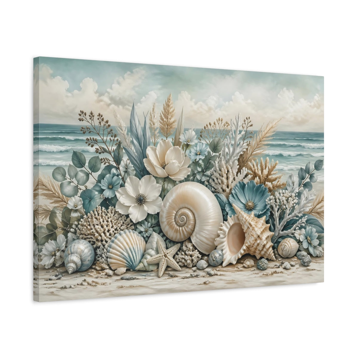 Side Mockup 2. Nature Seashells Coastal Seashells shown as stretched canvas wall art