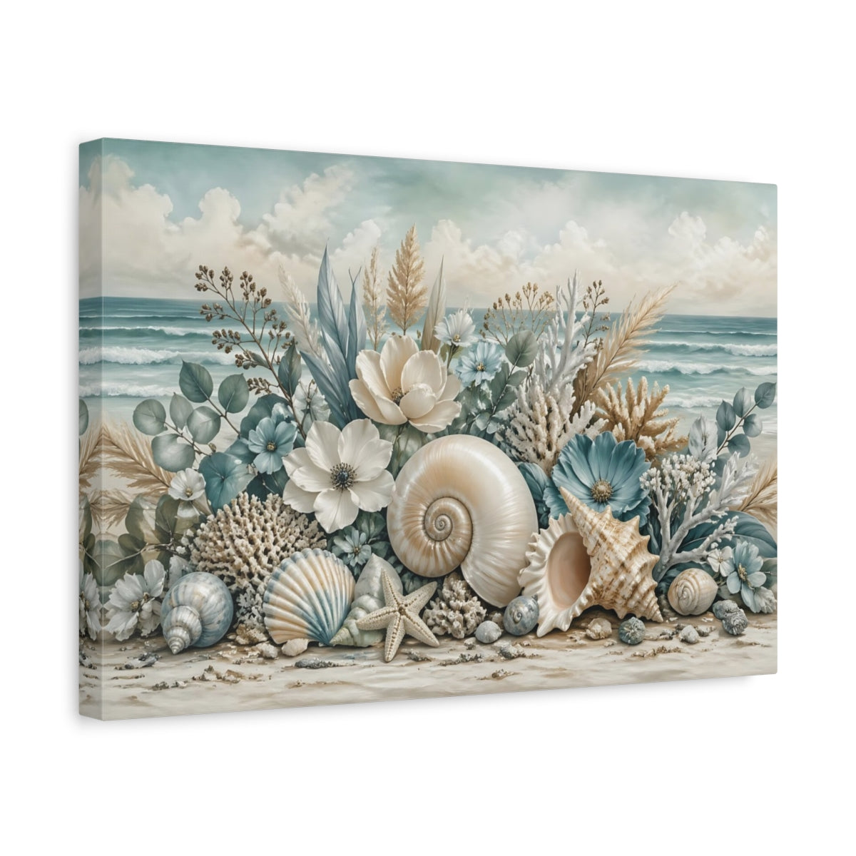 Side Mockup 4. Nature Seashells Coastal Seashells shown as stretched canvas wall art
