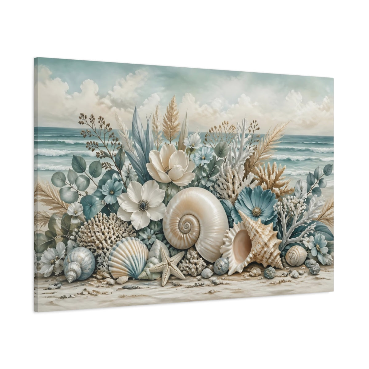 Side Mockup 1. Nature Seashells Coastal Seashells shown as stretched canvas wall art