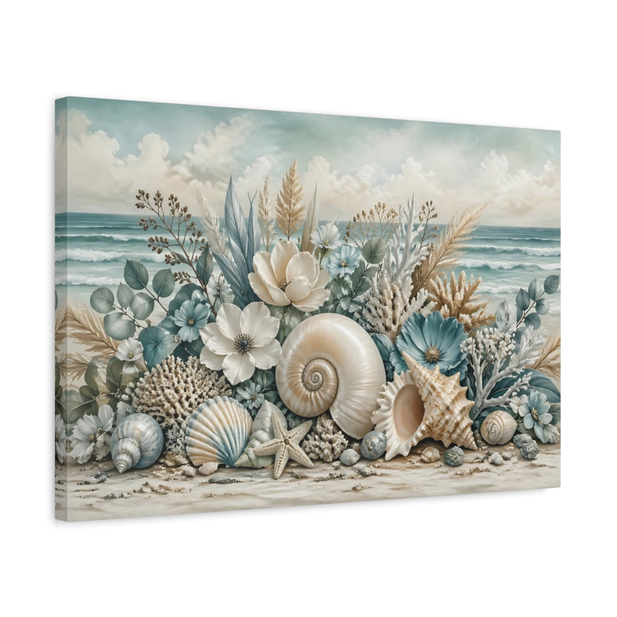 Side Mockup 3. Nature Seashells Coastal Seashells shown as stretched canvas wall art