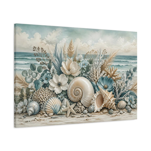 Main Mockup. Nature Seashells Coastal Seashells shown as stretched canvas wall art
