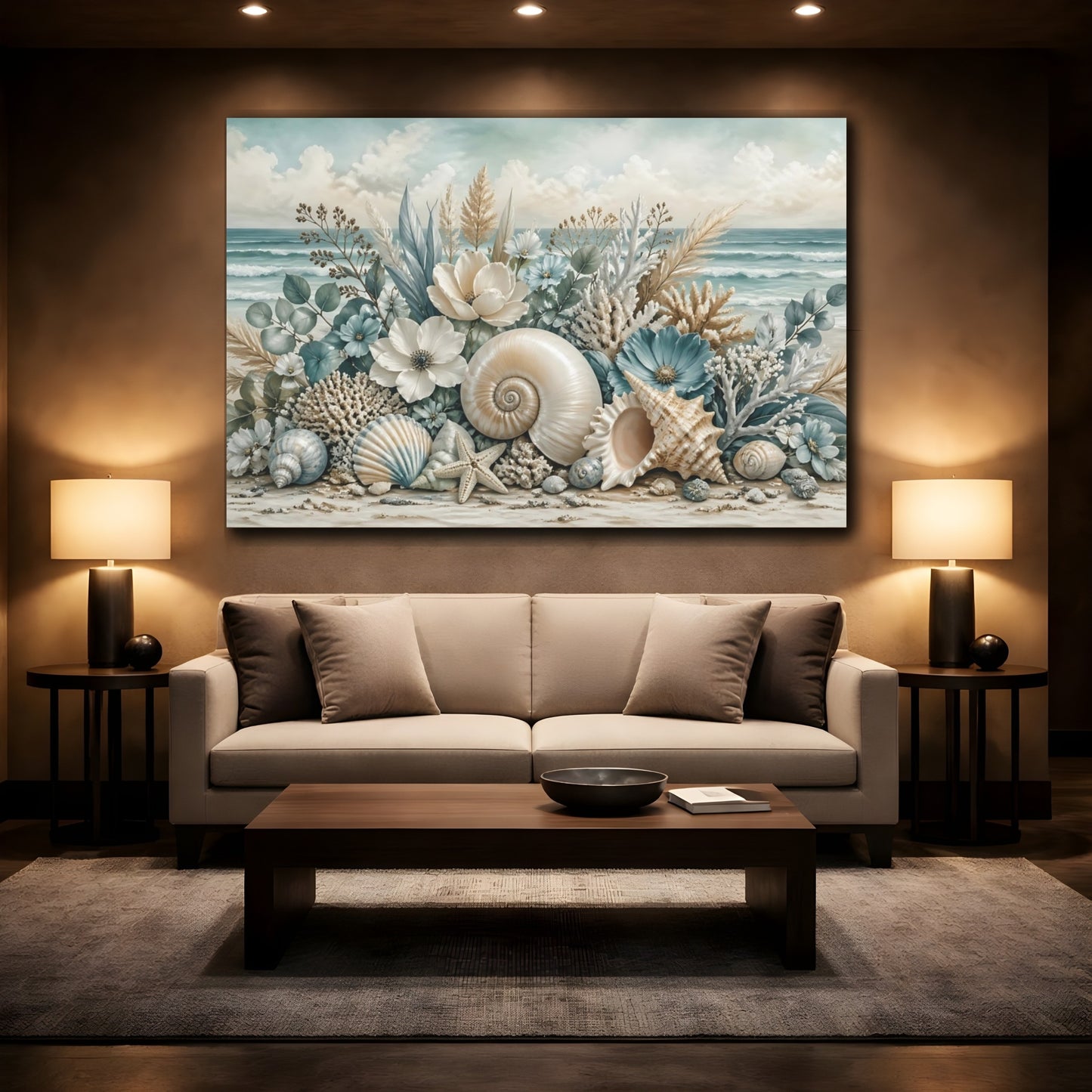 Mockup 2. Nature Seashells Coastal Seashells shown as stretched canvas wall art