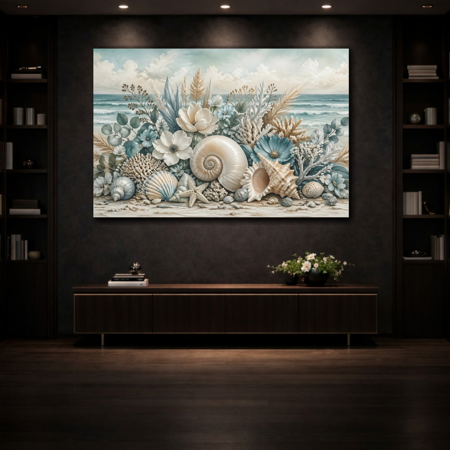 Mockup 3. Nature Seashells Coastal Seashells shown as stretched canvas wall art